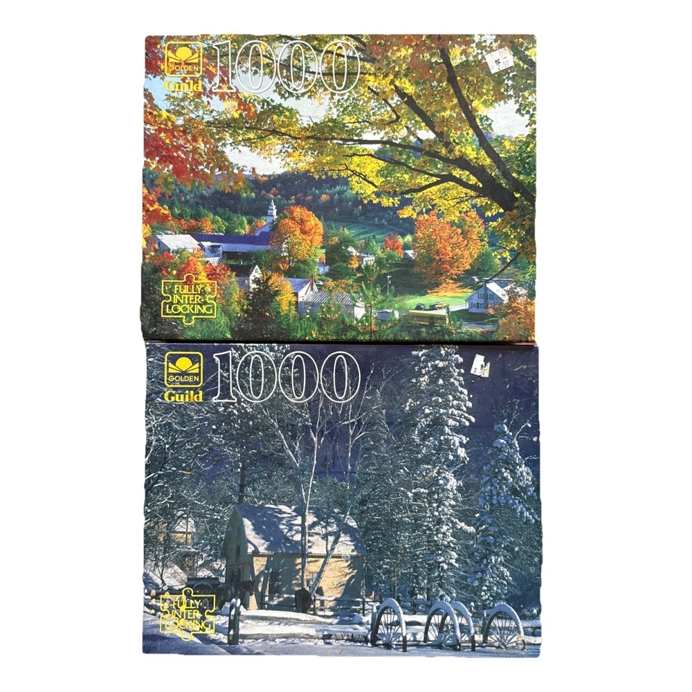 Vintage Lot Of 2 Guild 1000 Piece Jigsaw Puzzles Autumn Fall Winter Scenes New